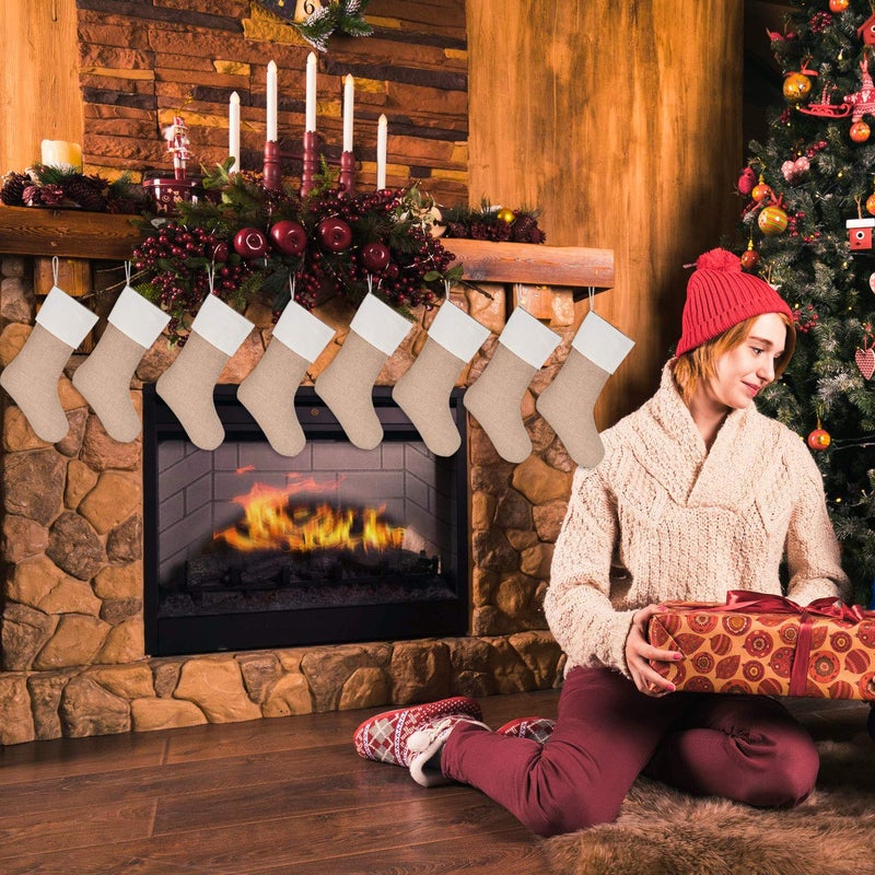 Sunshane Burlap Christmas Stockings Xmas Fireplace Hanging Stockings Decoration Stockings for Christmas Decoration DIY Craft (Flaxen, 8) - Image 3